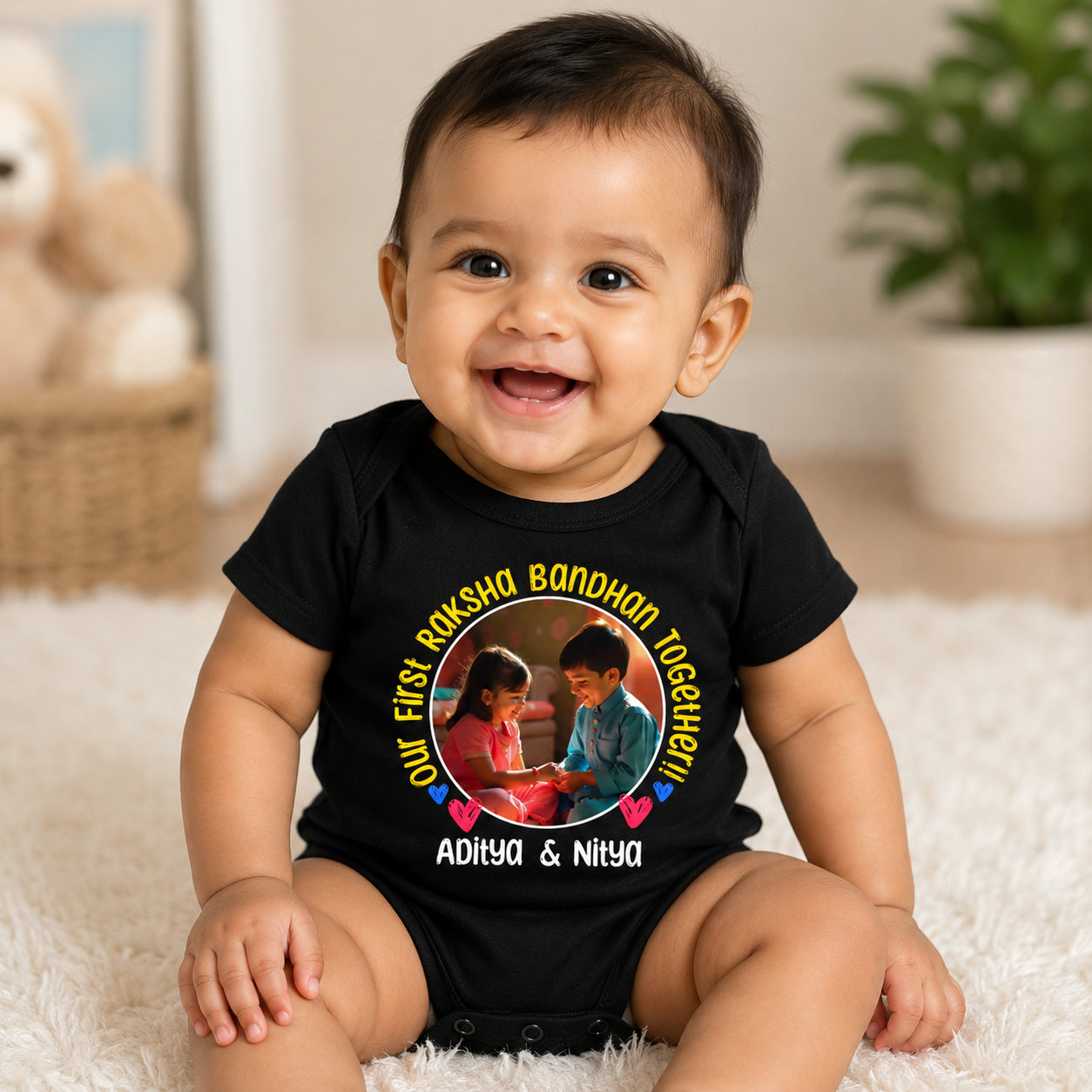 Our First RakshaBandhan together!! Black customised romper with photo and name