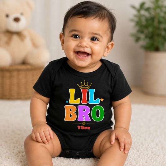 Rakhsha Bandhan as Little Brother crown design with customised name _ Black Onesie