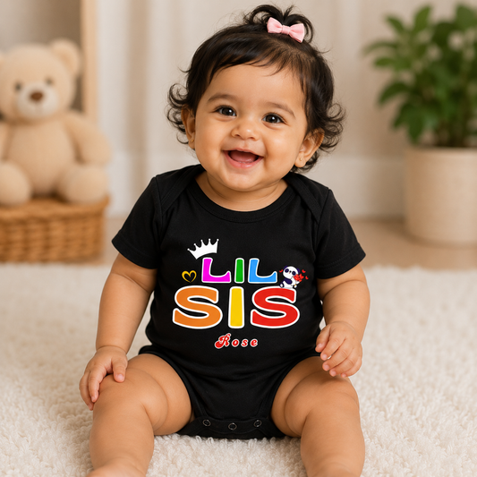 Rakhsha Bandhan as Little Sister crown design with customised name _ Black Onesie