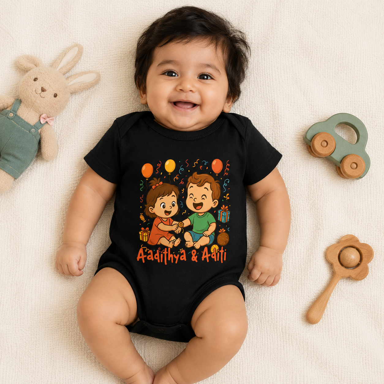 RakshaBandhan Black customised romper with name