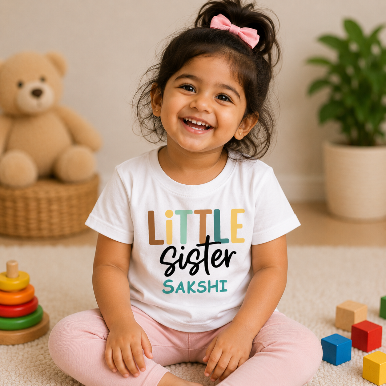 Little Sister customised with name _ White tee
