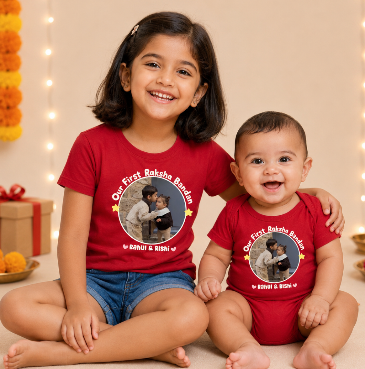 Combo pack of Our First Raksha Bandhan with Customised Name _ Red Tees & Onesie