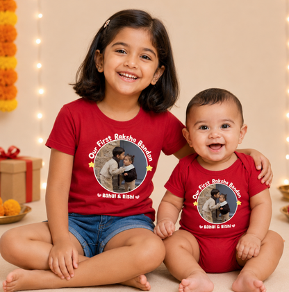 Combo pack of Our First Raksha Bandhan with Customised Name _ Red Tees & Onesie