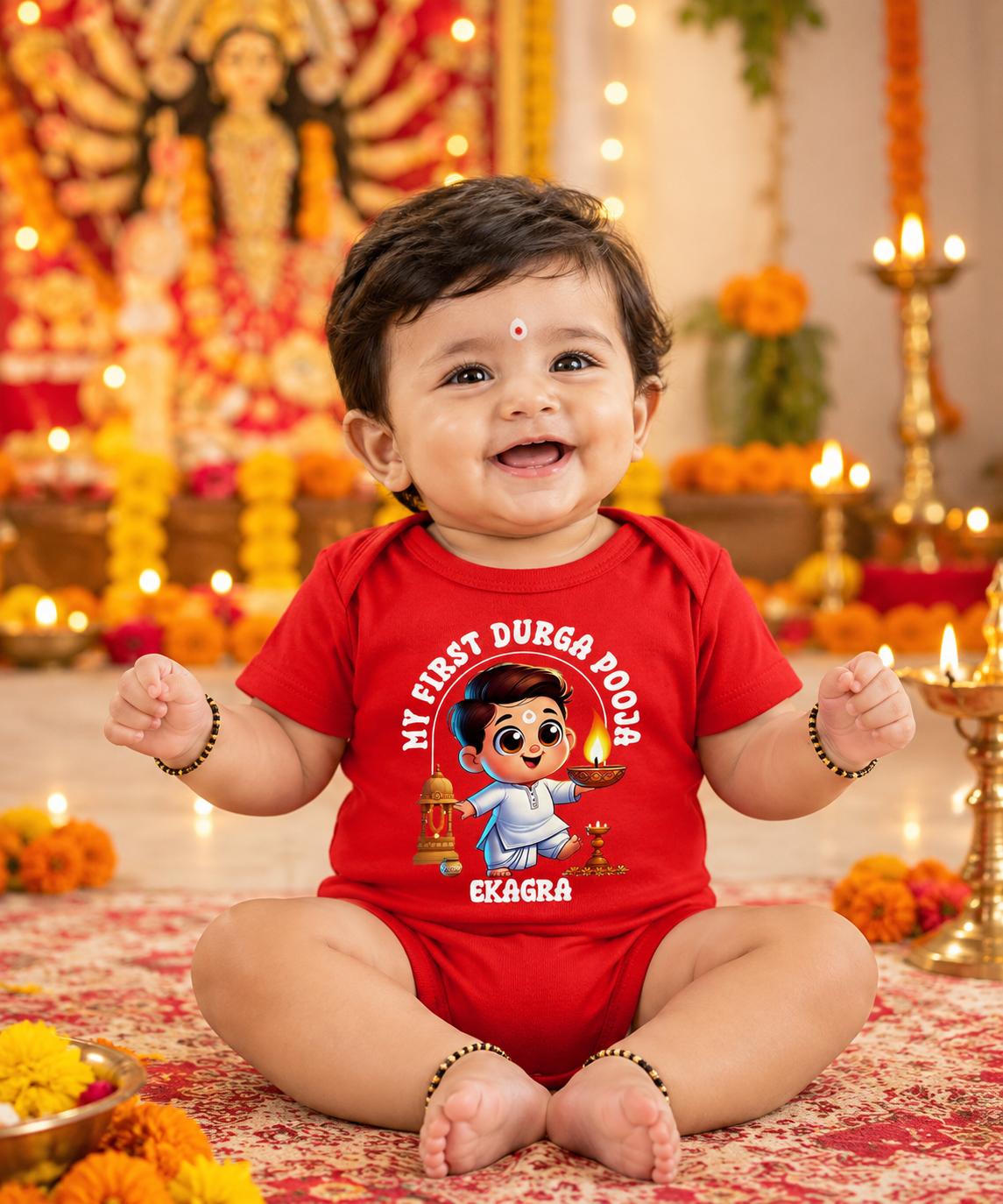 My First Durga Puja Boys with customised Name Red