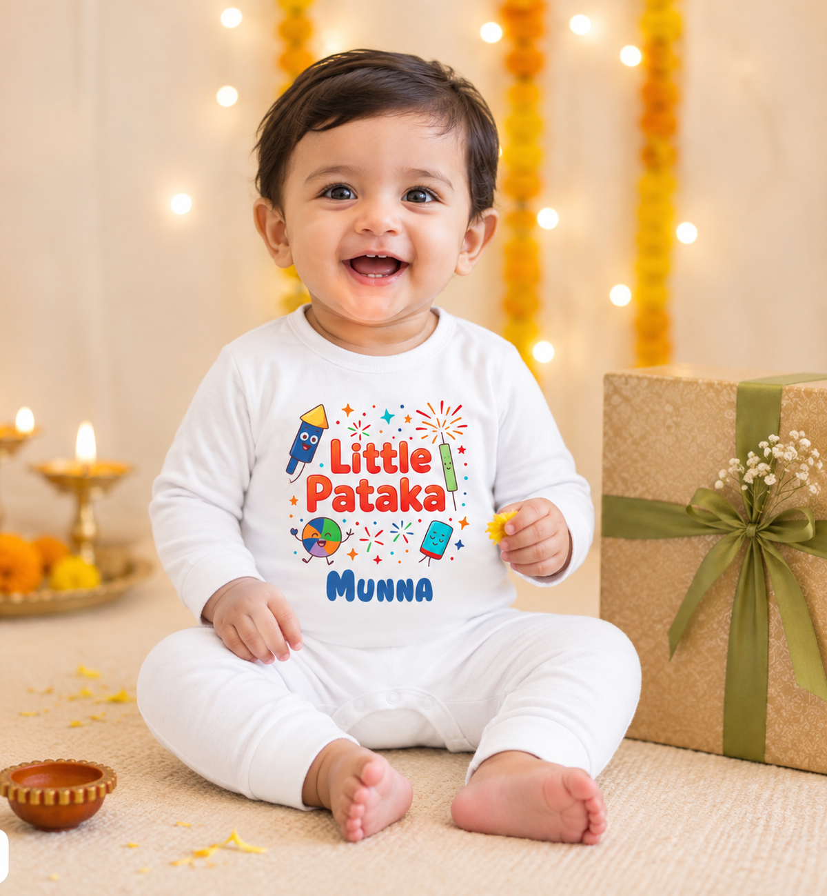 Little Pataka With Customized Baby Name _ Full White Romper