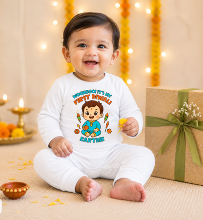 Woohooo! It's My First Diwali With Customized Baby Boy Name _ Full White Romper
