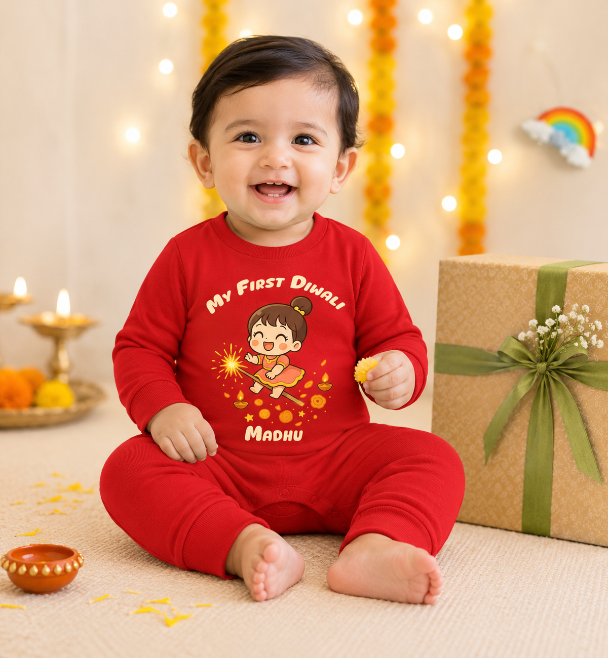 My First Diwali Baby With Customized Baby Girl Name 3 _ Full Red Romper