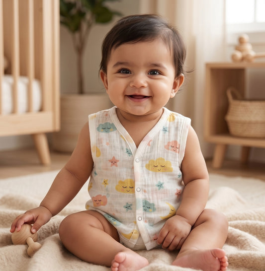 New Born & Baby Clothing | Sleeveless Muslin Baby Dress (0-3 Months) Clouds Cute Print | Soft Cotton