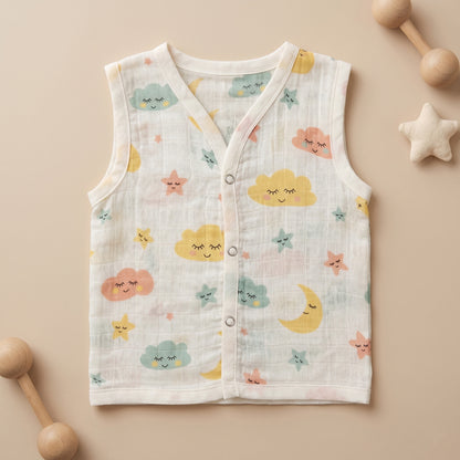 New Born & Baby Clothing | Sleeveless Muslin Baby Dress (0-3 Months) Clouds Cute Print | Soft Cotton