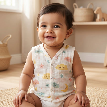 New Born & Baby Clothing | Sleeveless Muslin Baby Dress (3-6 Months) Cute Print 4th Combo | Soft Cotton