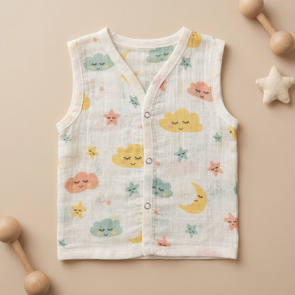 New Born & Baby Clothing | Sleeveless Muslin Baby Dress (3-6 Months) Clouds Cute Print | Soft Cotton