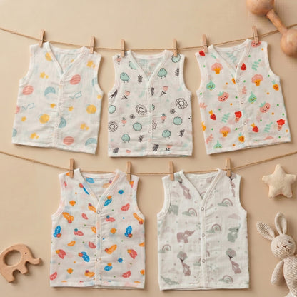 New Born & Baby Clothing | Sleeveless Muslin Baby Dress (6-9 Months) 5 Combo Cute Print | Soft Cotton