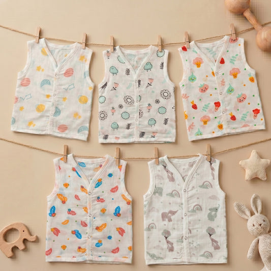 New Born & Baby Clothing | Sleeveless Muslin Baby Dress (6-9 Months) 5 Combo Cute Print | Soft Cotton