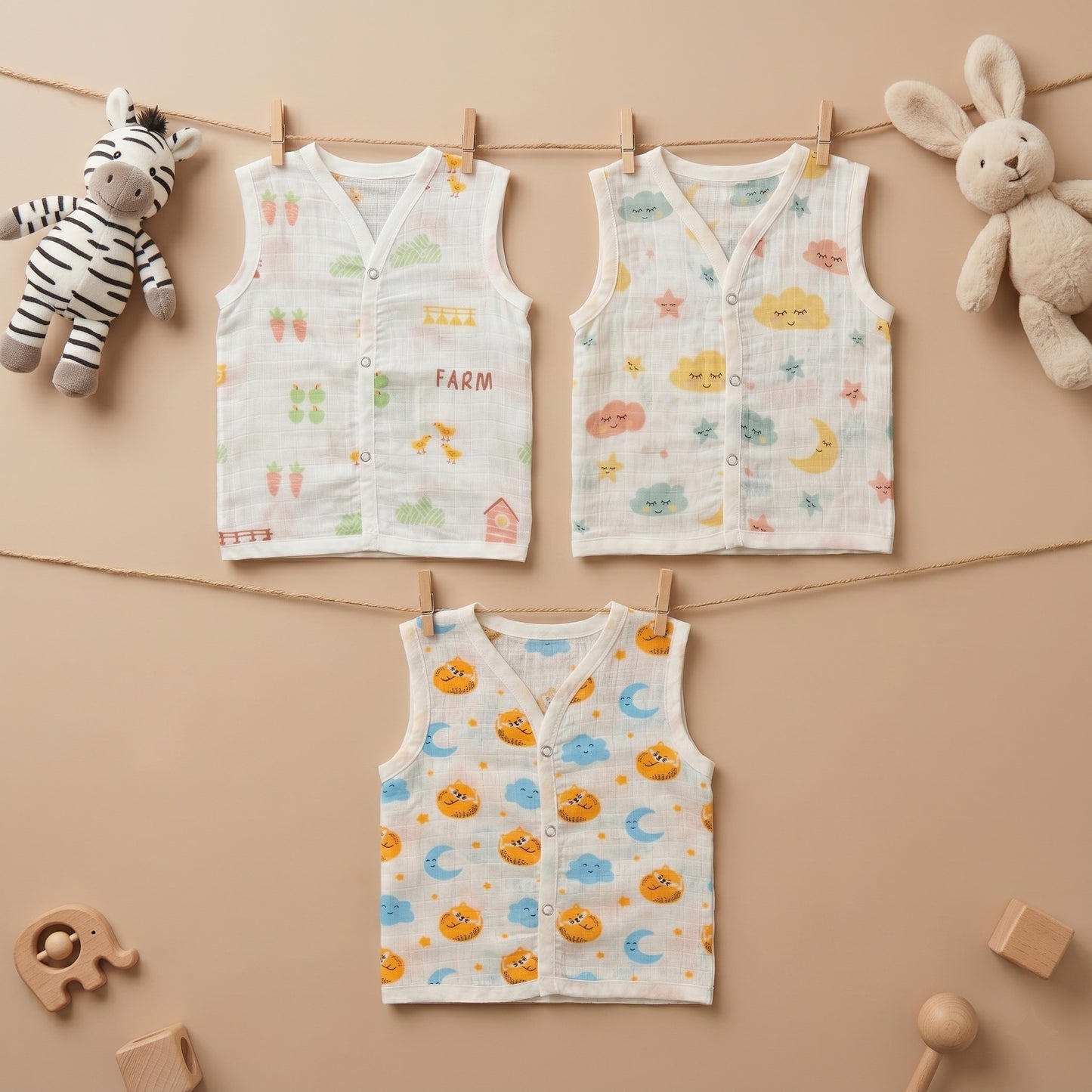 New Born & Baby Clothing | Sleeveless Muslin Baby Dress (3-6 Months) Cute Print 5th Combo | Soft Cotton