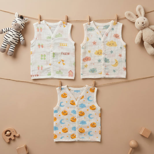 New Born & Baby Clothing | Sleeveless Muslin Baby Dress (3-6 Months) Cute Print 5th Combo | Soft Cotton