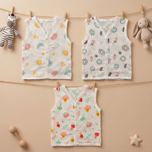 New Born & Baby Clothing | Sleeveless Muslin Baby Dress (6-9 Months) Cute Print 1st Combo | Soft Cotton