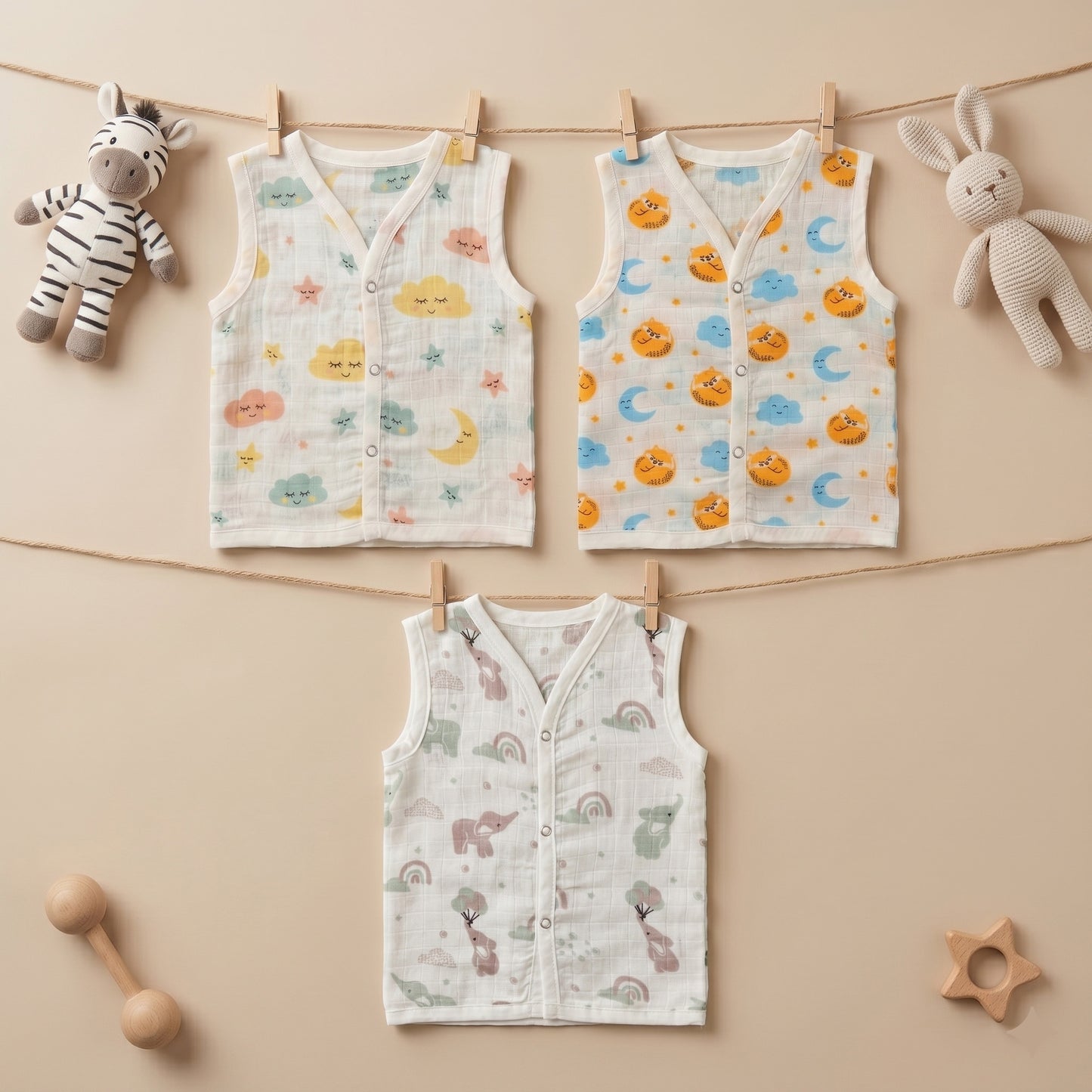 New Born & Baby Clothing | Sleeveless Muslin Baby Dress (3-6 Months) Cute Print 4th Combo | Soft Cotton
