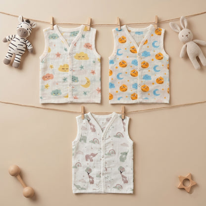 New Born & Baby Clothing | Sleeveless Muslin Baby Dress (3-6 Months) Cute Print 4th Combo | Soft Cotton