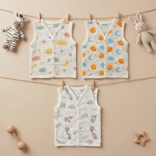 New Born & Baby Clothing | Sleeveless Muslin Baby Dress (3-6 Months) Cute Print 4th Combo | Soft Cotton
