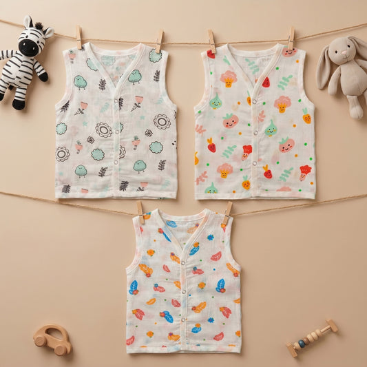 New Born & Baby Clothing | Sleeveless Muslin Baby Dress (6-9 Months) Cute Print 2nd Combo | Soft Cotton