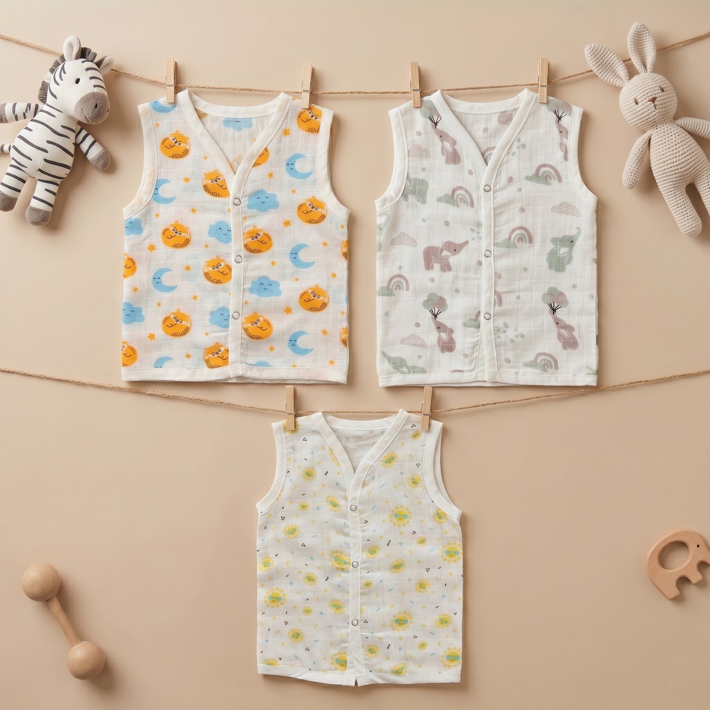 New Born & Baby Clothing | Sleeveless Muslin Baby Dress (3-6 Months) Cute Print 3rd Combo | Soft Cotton