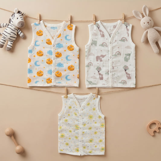 New Born & Baby Clothing | Sleeveless Muslin Baby Dress (3-6 Months) Cute Print 3rd Combo | Soft Cotton