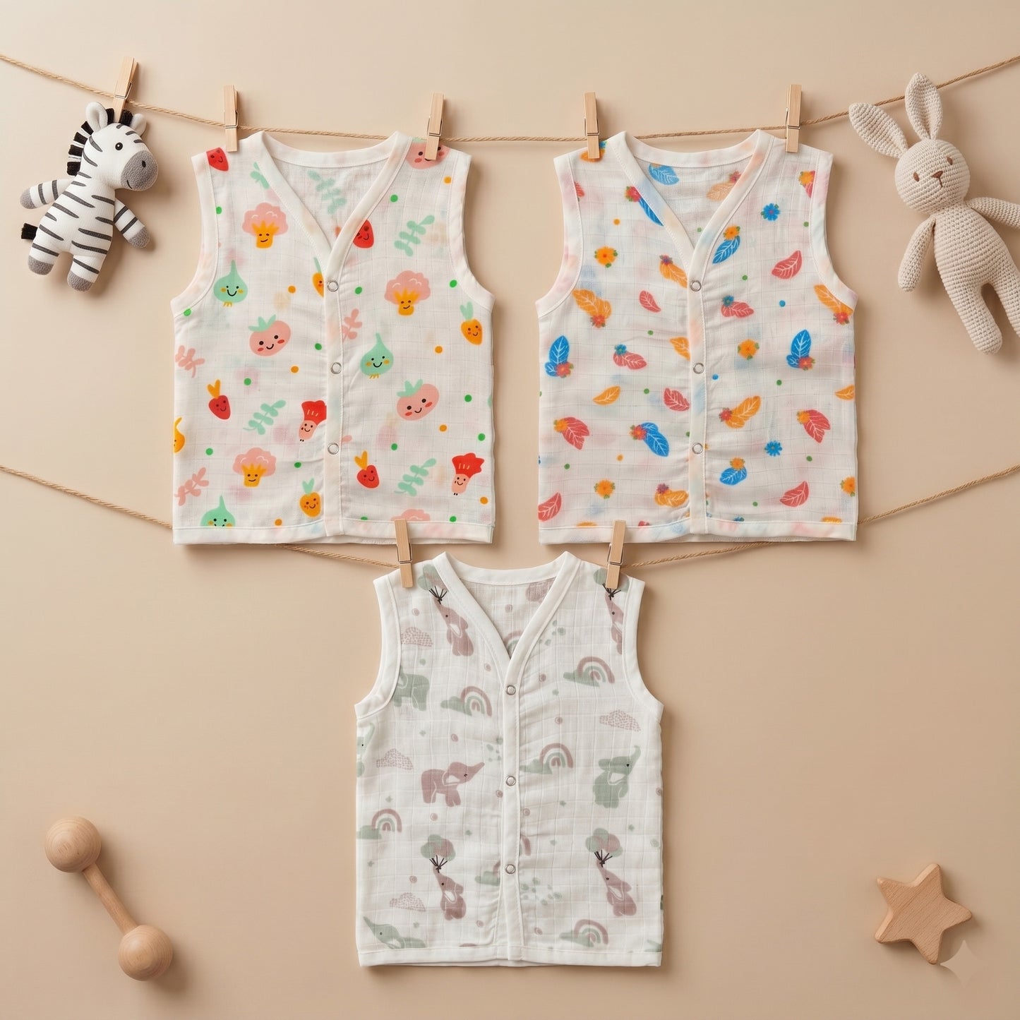 New Born & Baby Clothing | Sleeveless Muslin Baby Dress (6-9 Months) Cute Print 3rd Combo | Soft Cotton