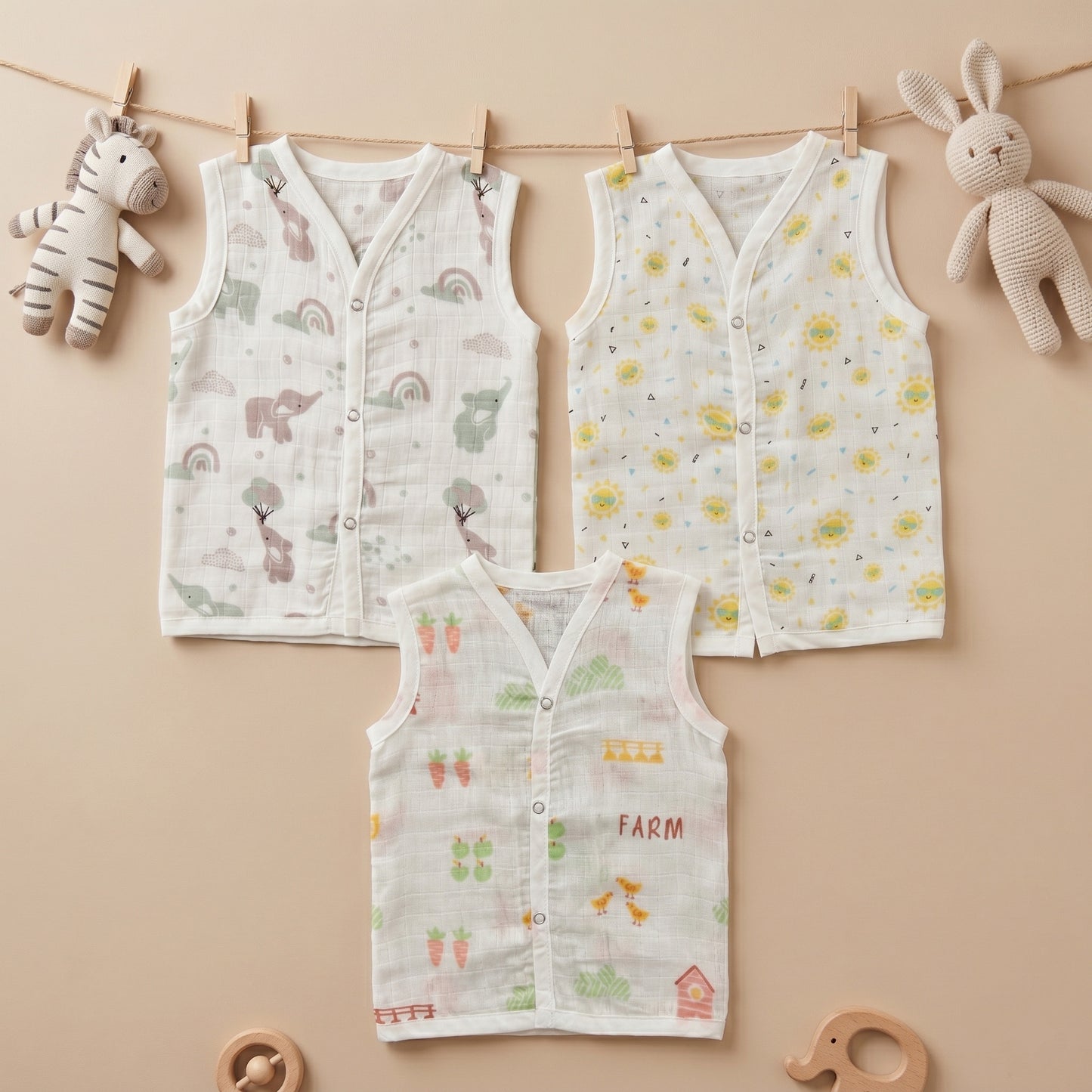 New Born & Baby Clothing | Sleeveless Muslin Baby Dress (3-6 Months) Cute Print 2nd Combo | Soft Cotton