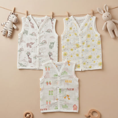 New Born & Baby Clothing | Sleeveless Muslin Baby Dress (3-6 Months) Cute Print 2nd Combo | Soft Cotton