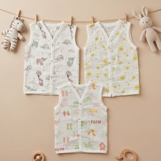 New Born & Baby Clothing | Sleeveless Muslin Baby Dress (3-6 Months) Cute Print 2nd Combo | Soft Cotton