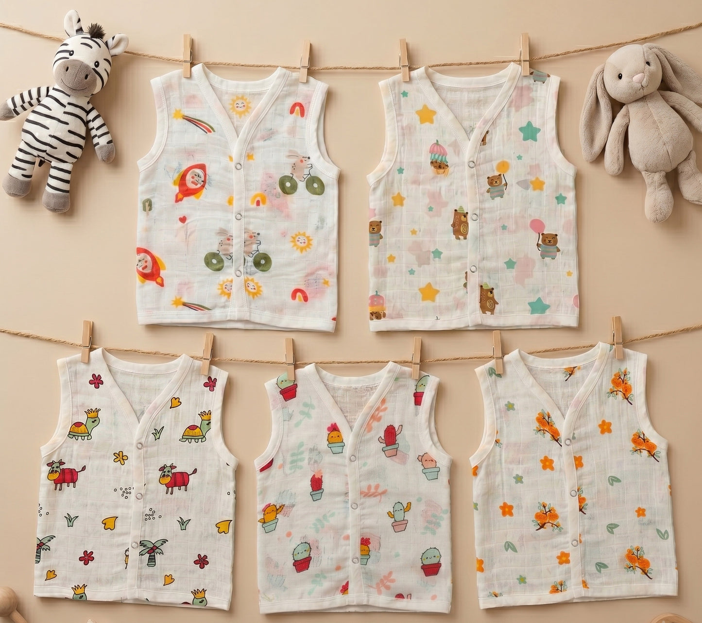 New Born & Baby Clothing | Sleeveless Muslin Baby Dress (0-3 Months) Five Combo Cute Print 2nd Combo | Soft Cotton