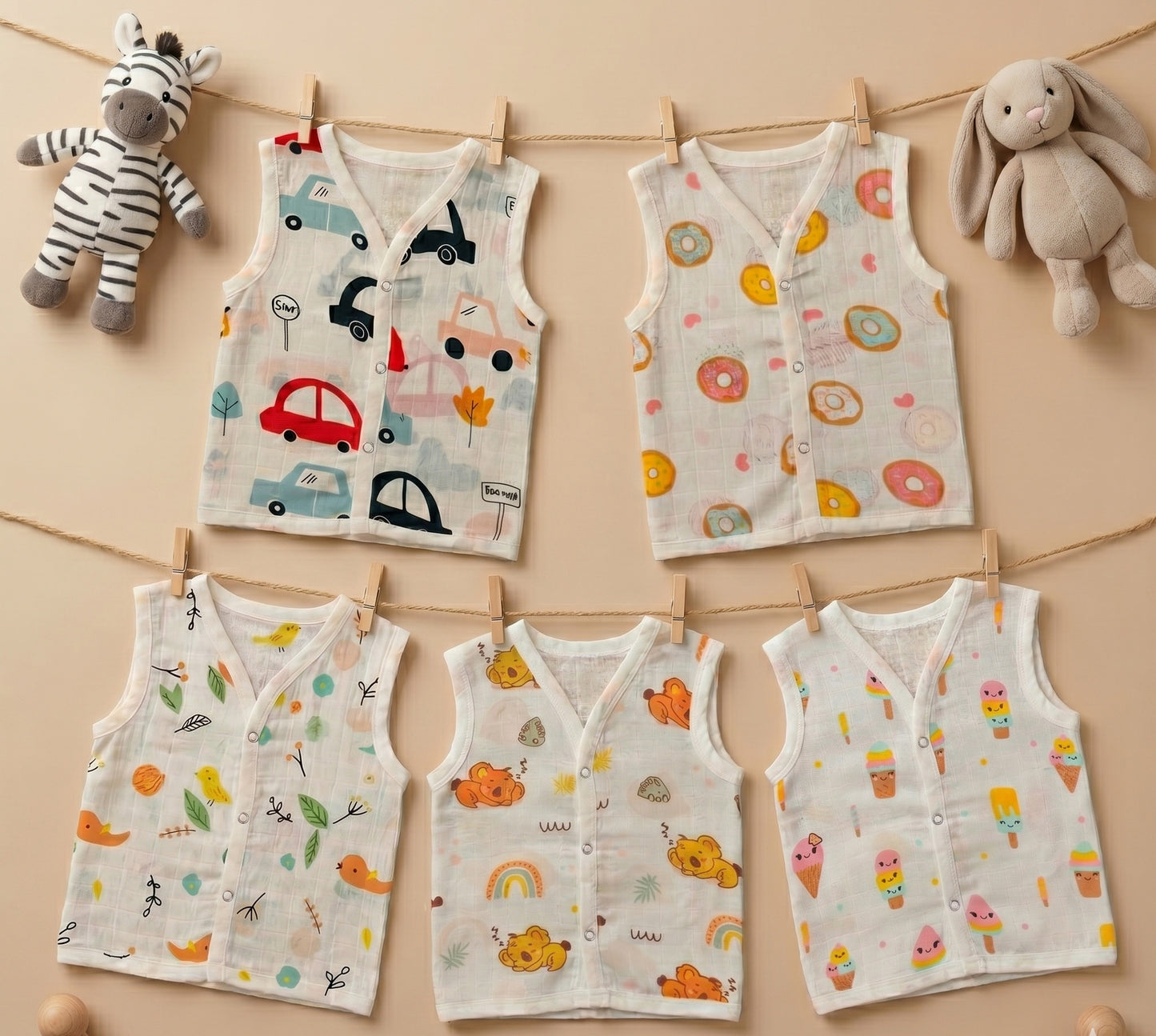 New Born & Baby Clothing | Sleeveless Muslin Baby Dress (0-3 Months) Five Combo Cute Print 3rd Combo | Soft Cotton