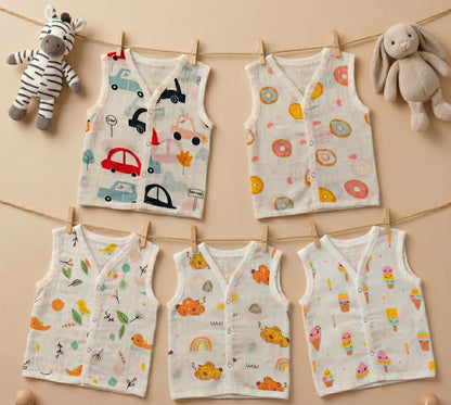 New Born & Baby Clothing | Sleeveless Muslin Baby Dress (0-3 Months) Five Combo Cute Print 3rd Combo | Soft Cotton