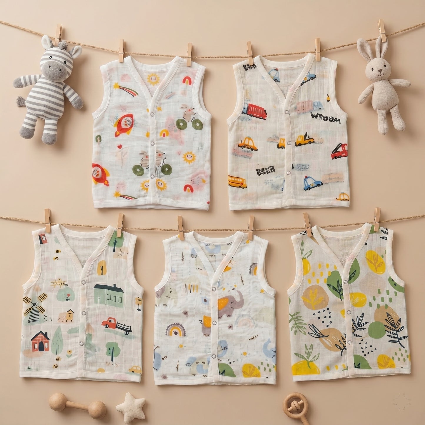 New Born & Baby Clothing | Sleeveless Muslin Baby Dress (0-3 Months) Five Combo Cute Print 4th Combo | Soft Cotton