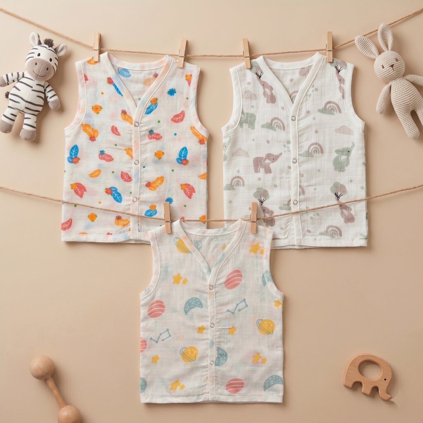 New Born & Baby Clothing | Sleeveless Muslin Baby Dress (6-9 Months) Cute Print 4th Combo | Soft Cotton