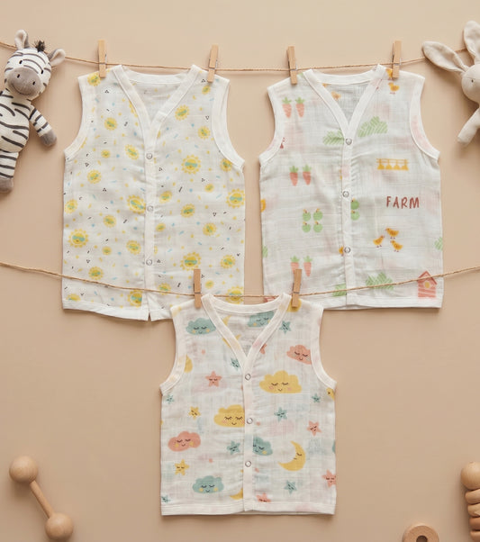 New Born & Baby Clothing | Sleeveless Muslin Baby Dress (3-6 Months) Cute Print 1st Combo | Soft Cotton