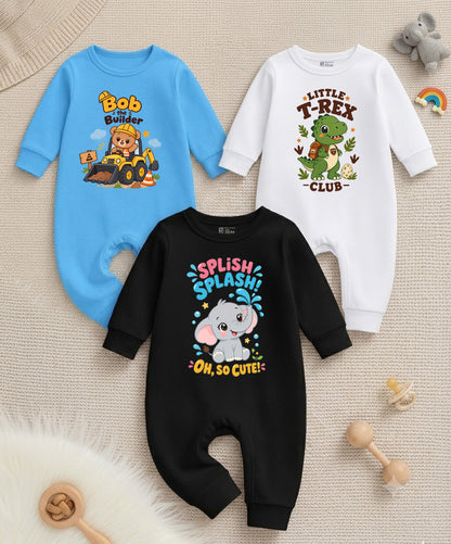 Karmikh Baby Romper Combo of 3 | Bob the Builder, Little T-Rex Club & Splish Splash | Full Sleeve Baby Rompers
