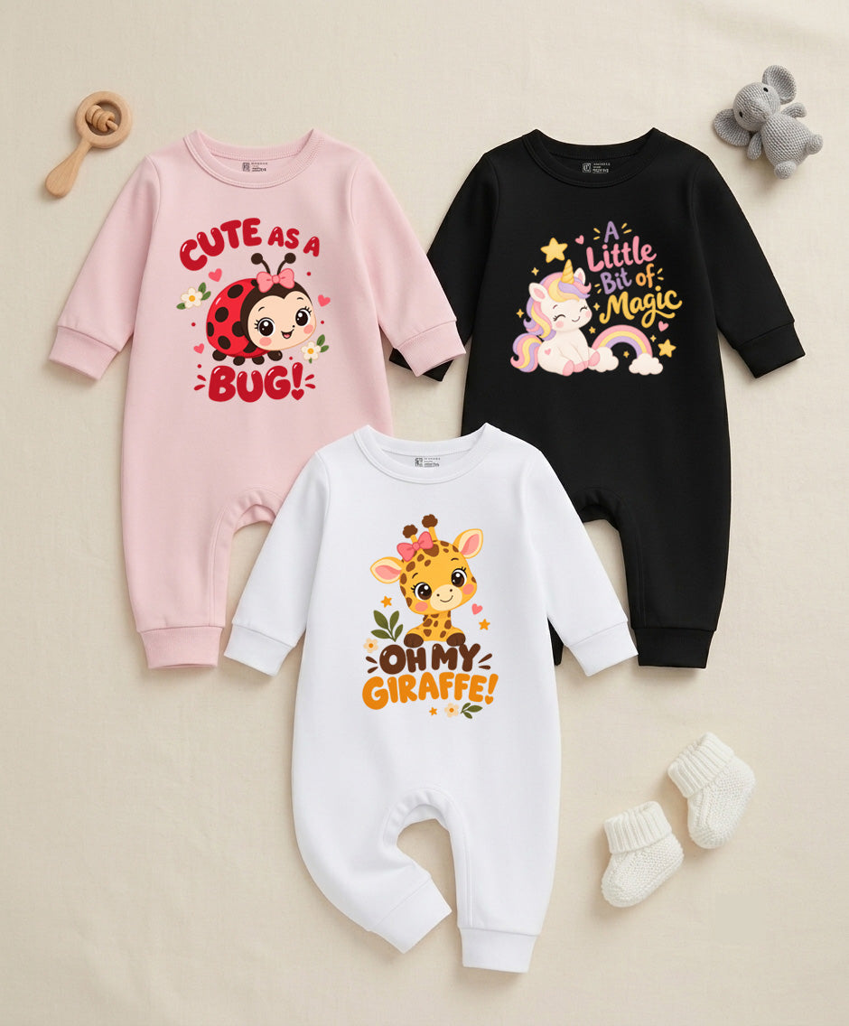 Karmikh Baby Girl Romper Combo of 3 | Cute as a Bug, Little Bit of Magic & Oh My Giraffe | Full Sleeve Baby Rompers