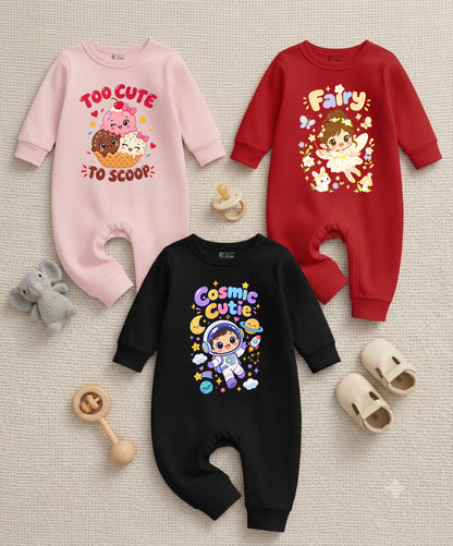 Karmikh Baby Girl Romper Combo of 3 | Too Cute to Scoop, Fairy & Cosmic Cutie | Full Sleeve Cotton Rompers