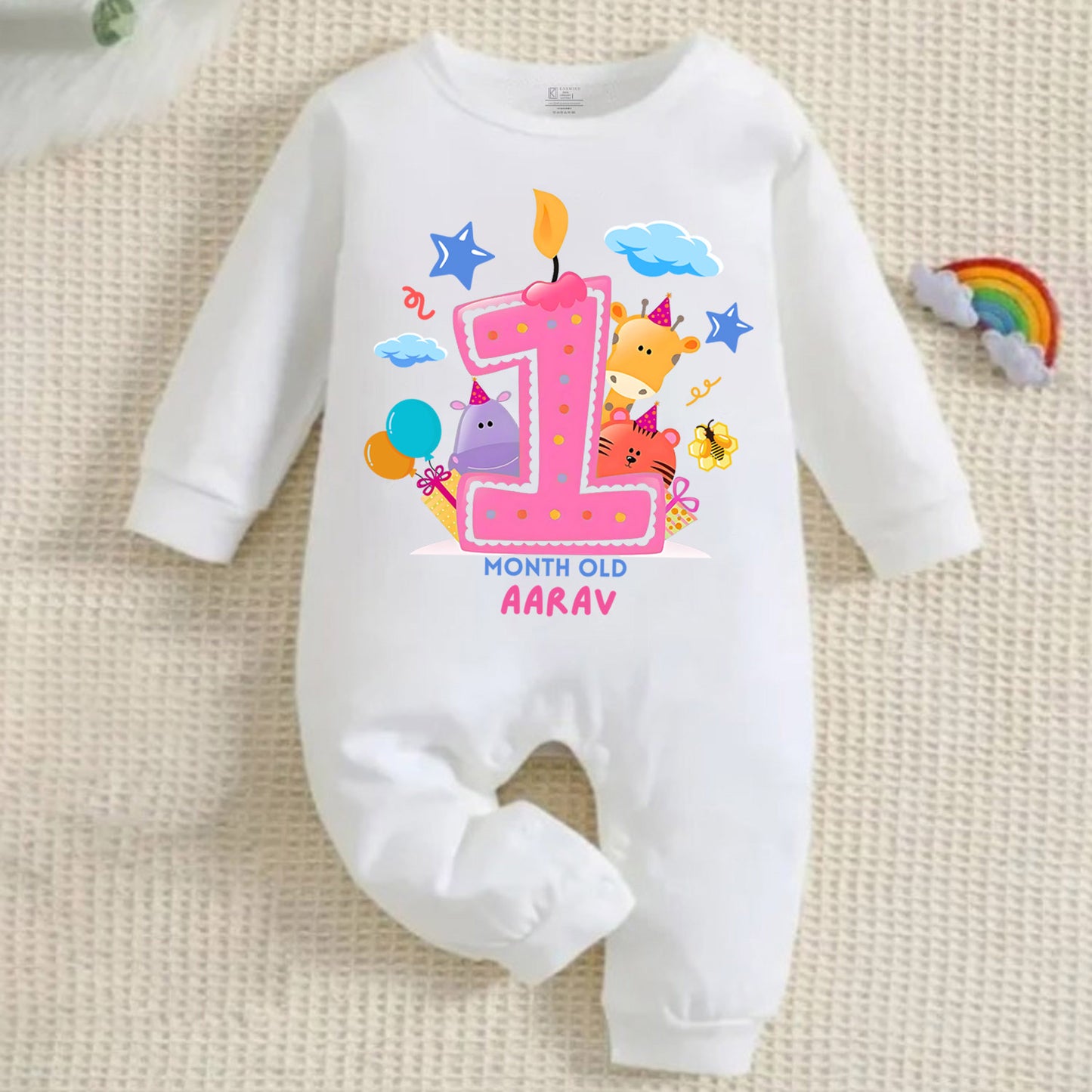 Infant monthly birthday 12 Months of Love Full White Onesie with customised baby name