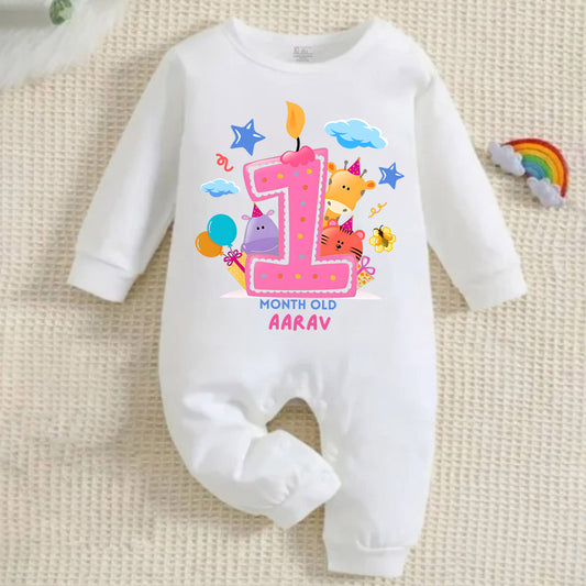 Infant monthly birthday 12 Months of Love Full White Onesie with customised baby name
