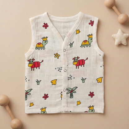 New Born & Baby Clothing | Sleeveless Muslin Baby Dress (0-3 Months) Cow & Turtle Print | Soft Cotton