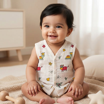 New Born & Baby Clothing | Sleeveless Muslin Baby Dress (0-3 Months) Cow & Turtle Print | Soft Cotton