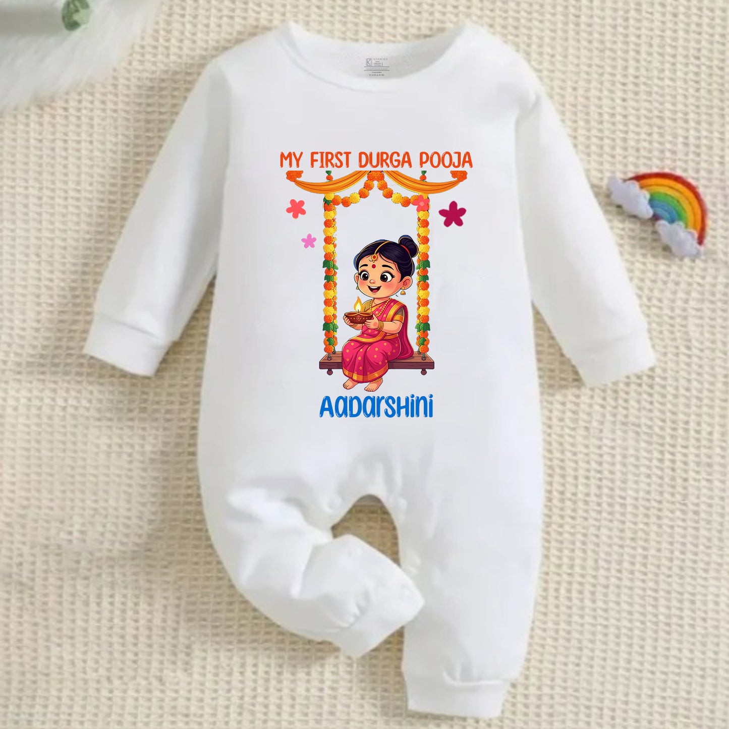 My First Durga Pooja With Customized Baby Girl  Name _ Full White Romper