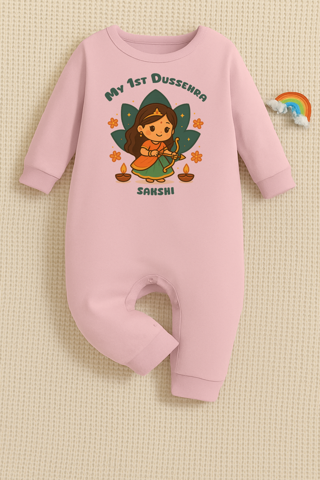 My First Dussehra Romper With Customized Baby Girl Name _ Full Pink Romper