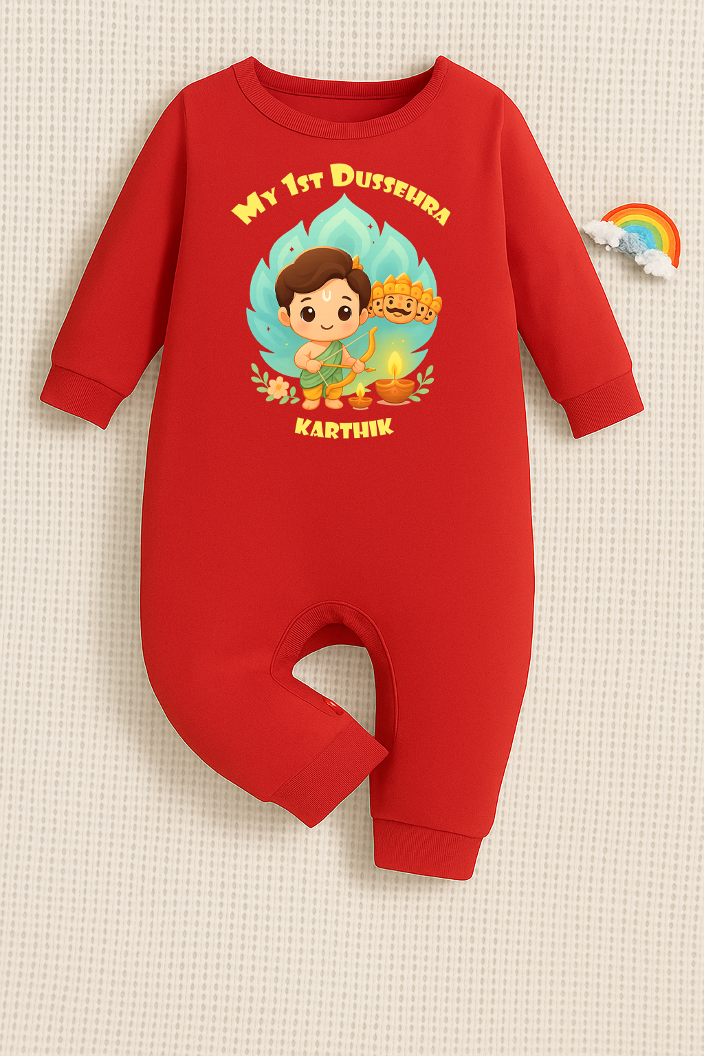 My First Dussehra Romper With Customized Baby Boy Name _ Full Red Romper