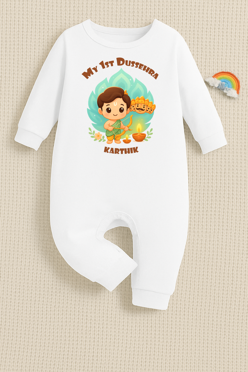 My First Dussehra Romper With Customized Baby Boy Name _ Full White Romper