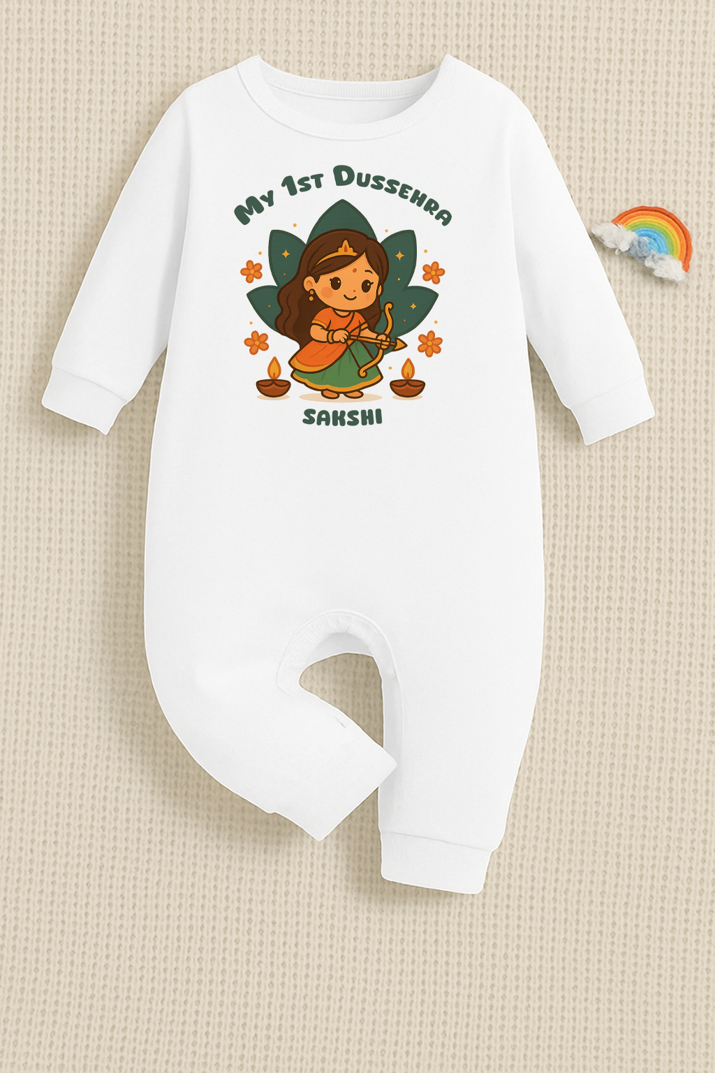 My First Dussehra Romper With Customized Baby Girl Name _ Full White Romper