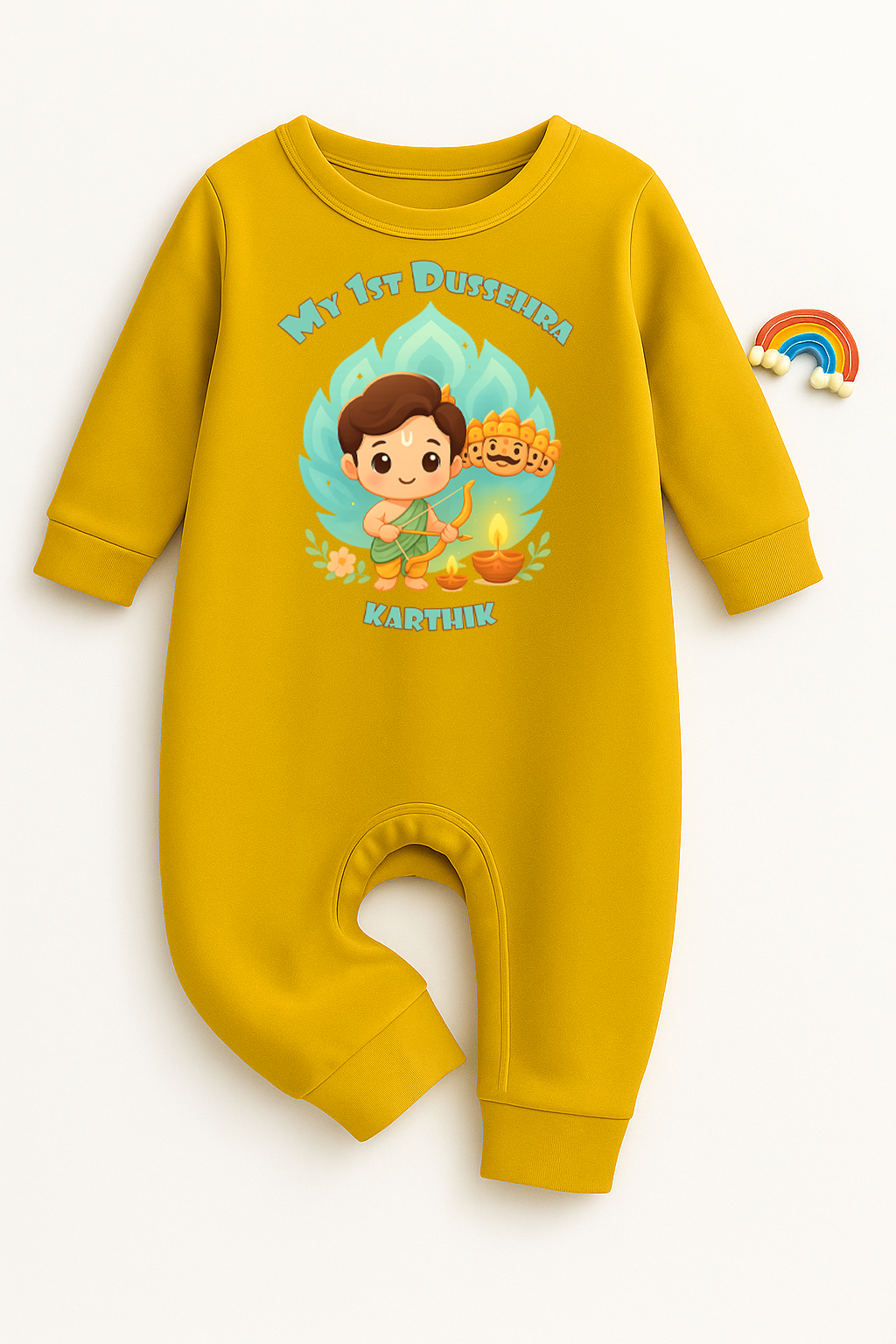 My First Dussehra Romper With Customized Baby Boy Name _ Full Yellow Romper