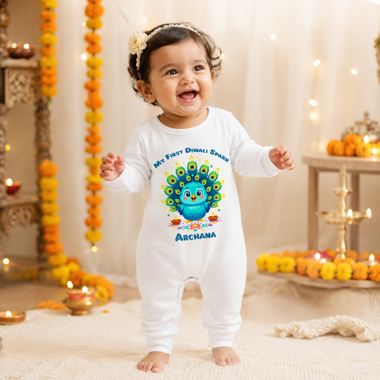 My First Diwali Spark With Customized Baby Name _ Full White Romper